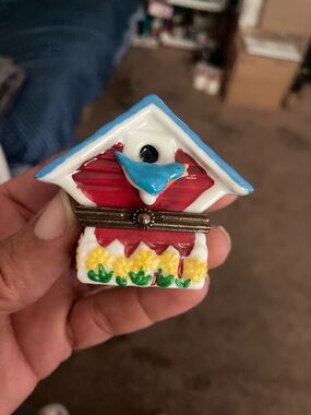 Hand-Painted Blue & Red Birdhouse Home Art Sculpture by